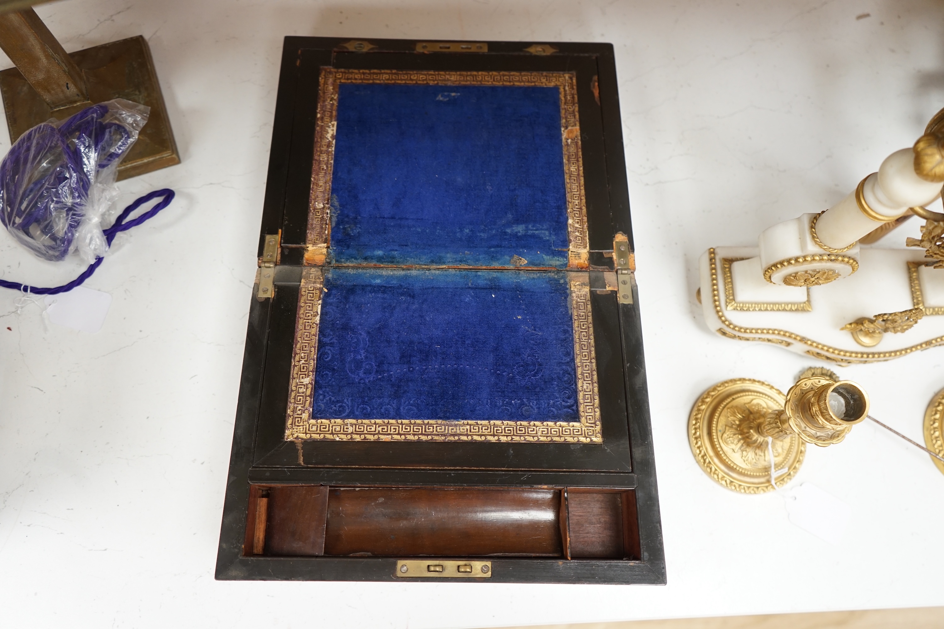 A late 19th century inlaid walnut writing slope, 30.5cm wide. Condition - fair.